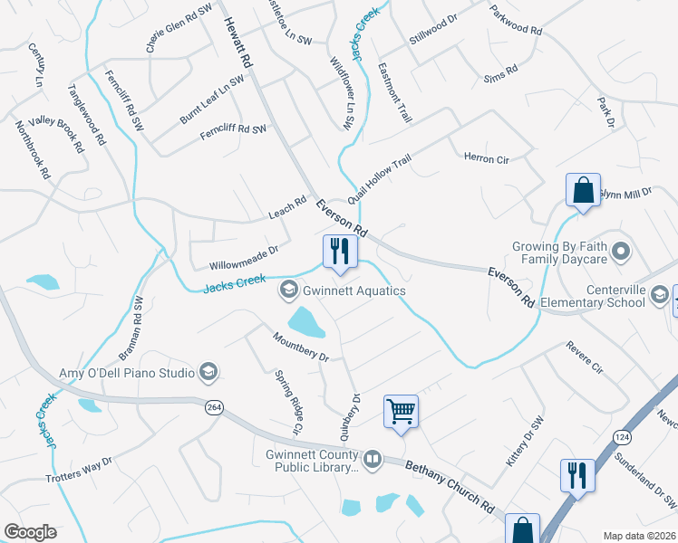 map of restaurants, bars, coffee shops, grocery stores, and more near 2812 Esom Drive in Snellville