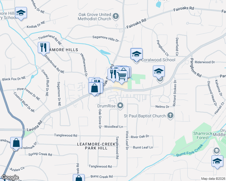 map of restaurants, bars, coffee shops, grocery stores, and more near 2470 Oak Grove Vista in Decatur
