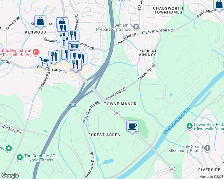 map of restaurants, bars, coffee shops, grocery stores, and more near 5285 Kershaw Court Southeast in Atlanta