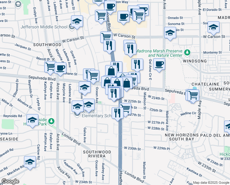 map of restaurants, bars, coffee shops, grocery stores, and more near 28323 Hawthorne Boulevard in Torrance