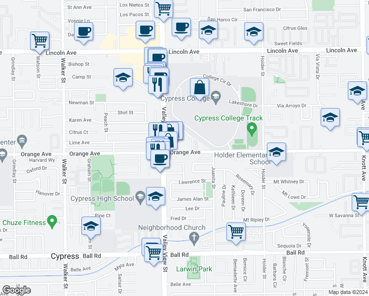 map of restaurants, bars, coffee shops, grocery stores, and more near 6141 Orange Avenue in Cypress