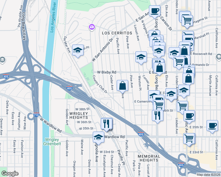 map of restaurants, bars, coffee shops, grocery stores, and more near 3722 Cedar Avenue in Long Beach