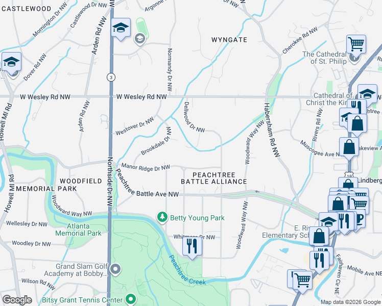map of restaurants, bars, coffee shops, grocery stores, and more near 2577 Red Valley Road Northwest in Atlanta