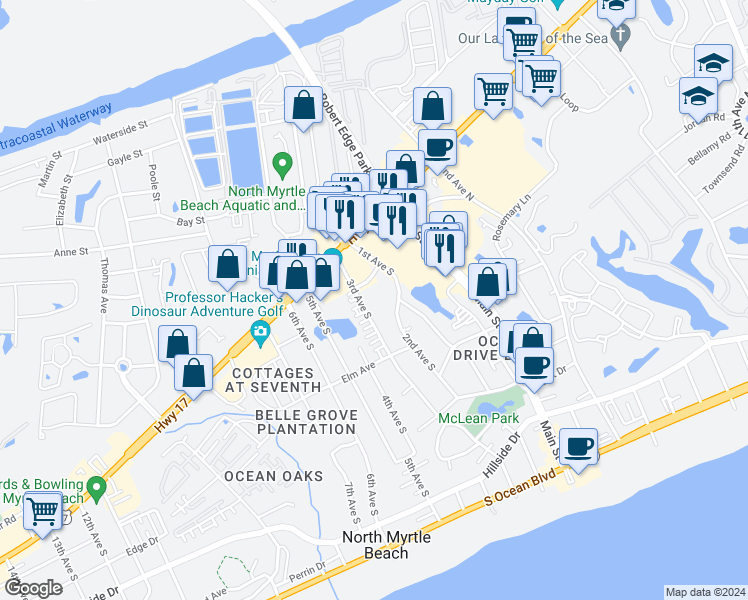 map of restaurants, bars, coffee shops, grocery stores, and more near 616 3rd Avenue South in North Myrtle Beach