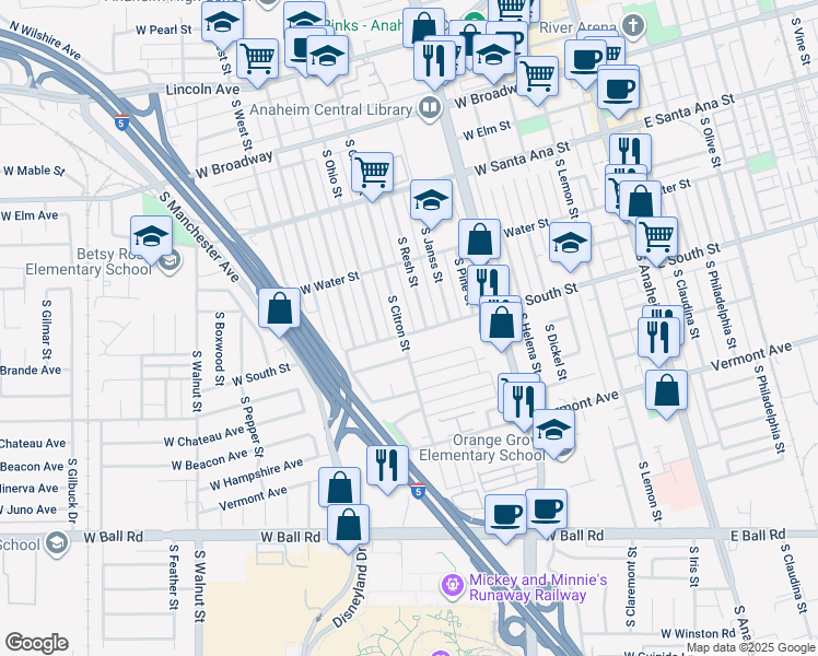 map of restaurants, bars, coffee shops, grocery stores, and more near 715 West South Street in Anaheim