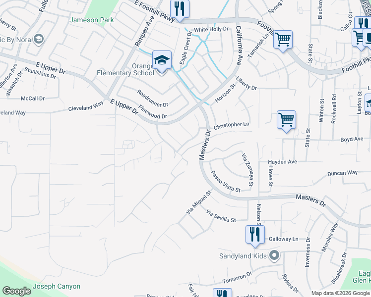 map of restaurants, bars, coffee shops, grocery stores, and more near 3675 Sunmeadow Street in Corona