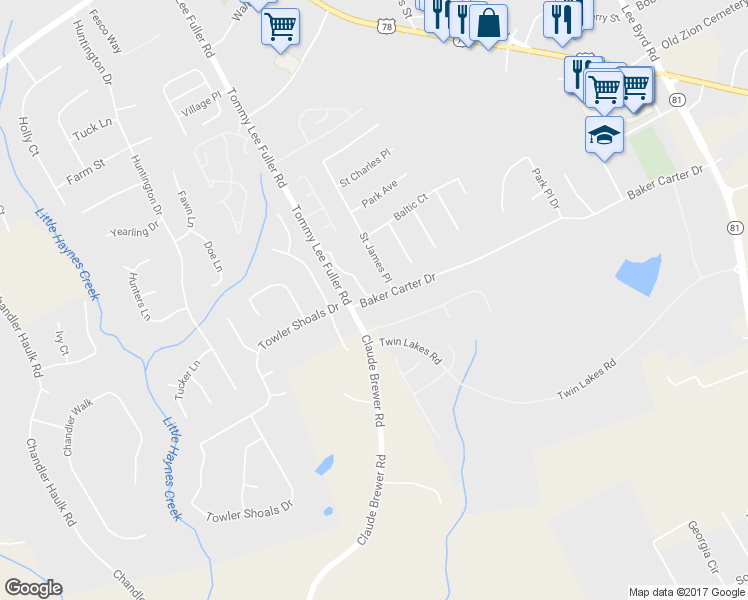 map of restaurants, bars, coffee shops, grocery stores, and more near 2243 Baker Carter Drive in Loganville