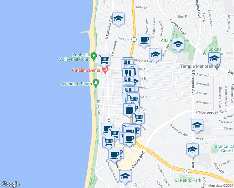 map of restaurants, bars, coffee shops, grocery stores, and more near 211 Avenue D in Redondo Beach