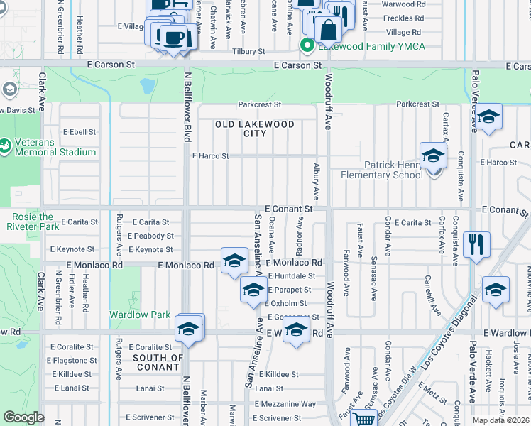 map of restaurants, bars, coffee shops, grocery stores, and more near 5712 E Conant St in Long Beach