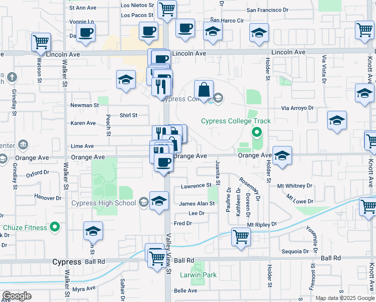 map of restaurants, bars, coffee shops, grocery stores, and more near 6141 Orange Avenue in Cypress
