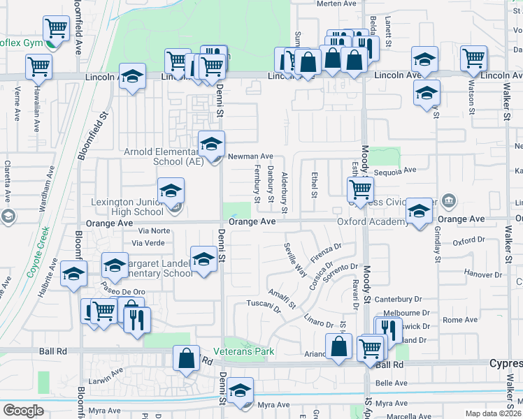 map of restaurants, bars, coffee shops, grocery stores, and more near 9457 Danbury Street in Cypress