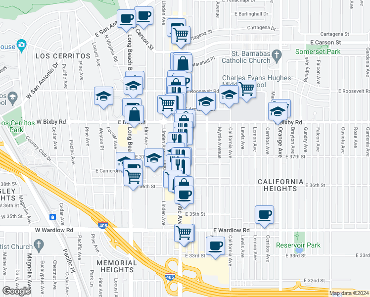 map of restaurants, bars, coffee shops, grocery stores, and more near 3726 Atlantic Avenue in Long Beach
