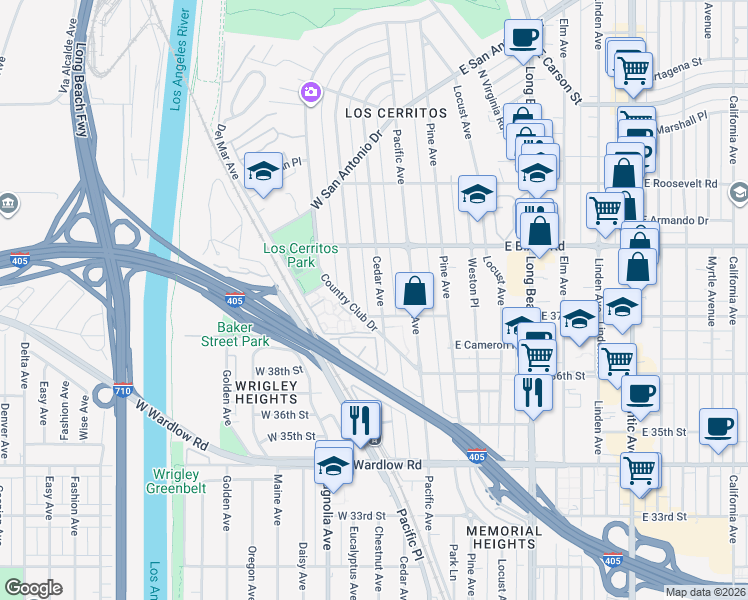 map of restaurants, bars, coffee shops, grocery stores, and more near 3722 Cedar Avenue in Long Beach