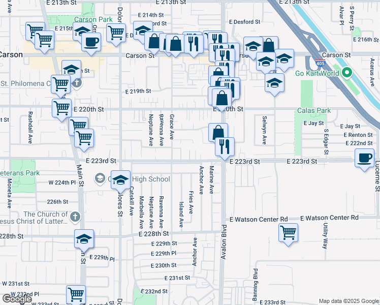 map of restaurants, bars, coffee shops, grocery stores, and more near 539 East 223rd Street in Carson