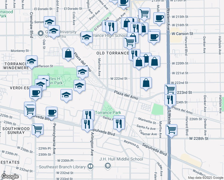 map of restaurants, bars, coffee shops, grocery stores, and more near 2007 Plaza del Amo in Torrance