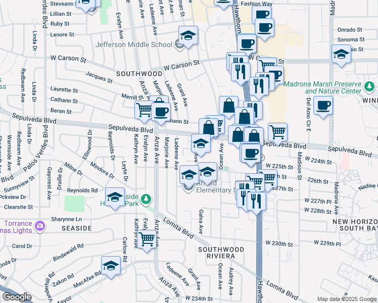map of restaurants, bars, coffee shops, grocery stores, and more near 22406 Ladeene Avenue in Torrance