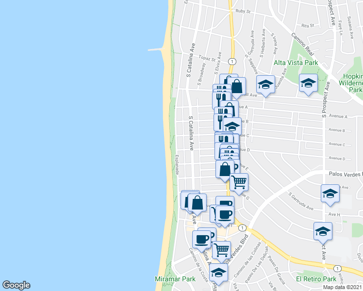 map of restaurants, bars, coffee shops, grocery stores, and more near 1107 South Catalina Avenue in Redondo Beach