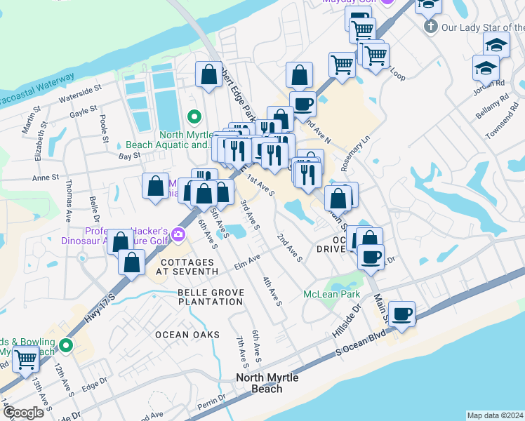 map of restaurants, bars, coffee shops, grocery stores, and more near 2 Barnwell Street in North Myrtle Beach