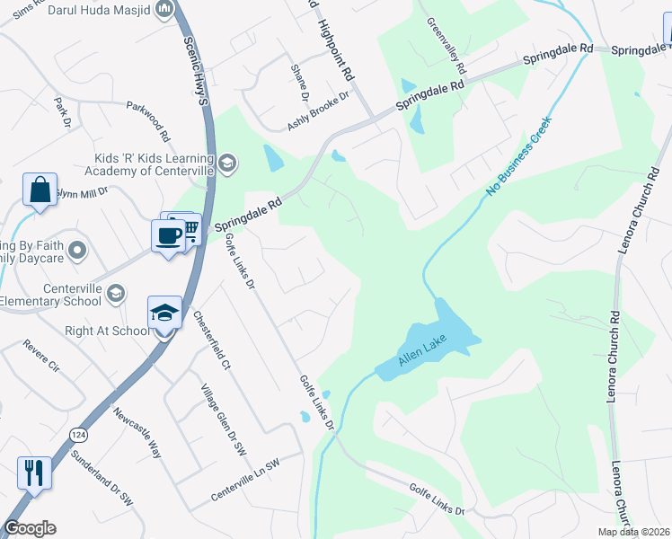 map of restaurants, bars, coffee shops, grocery stores, and more near 3585 Spring Mesa Drive Southwest in Snellville