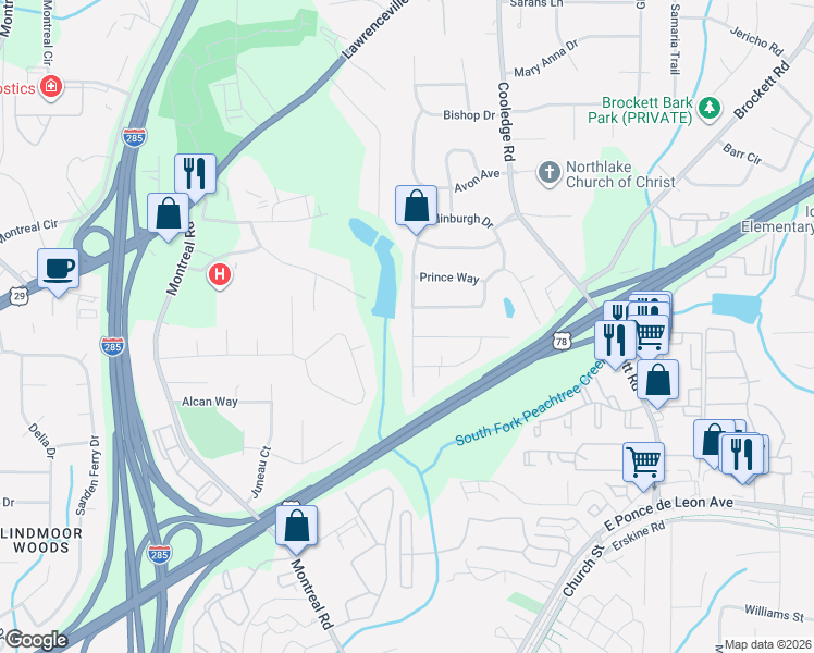 map of restaurants, bars, coffee shops, grocery stores, and more near 1486 Edinburgh Drive in Tucker