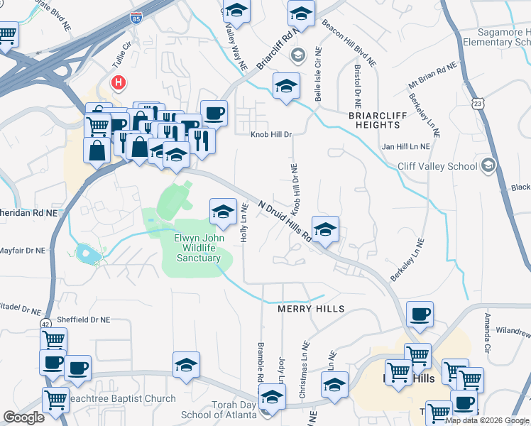 map of restaurants, bars, coffee shops, grocery stores, and more near 1512 Woodbridge Way Northeast in Atlanta