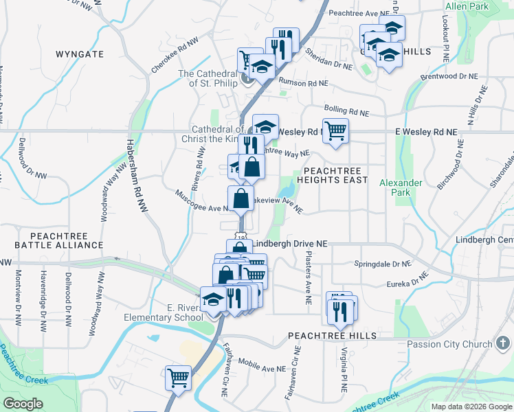 map of restaurants, bars, coffee shops, grocery stores, and more near 2525 Peachtree Road Northwest in Atlanta
