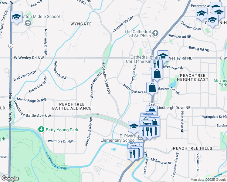 map of restaurants, bars, coffee shops, grocery stores, and more near 2583 Habersham Road Northwest in Atlanta