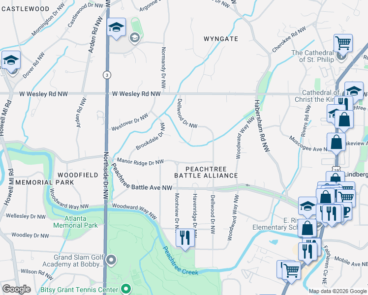 map of restaurants, bars, coffee shops, grocery stores, and more near 2577 Red Valley Road Northwest in Atlanta