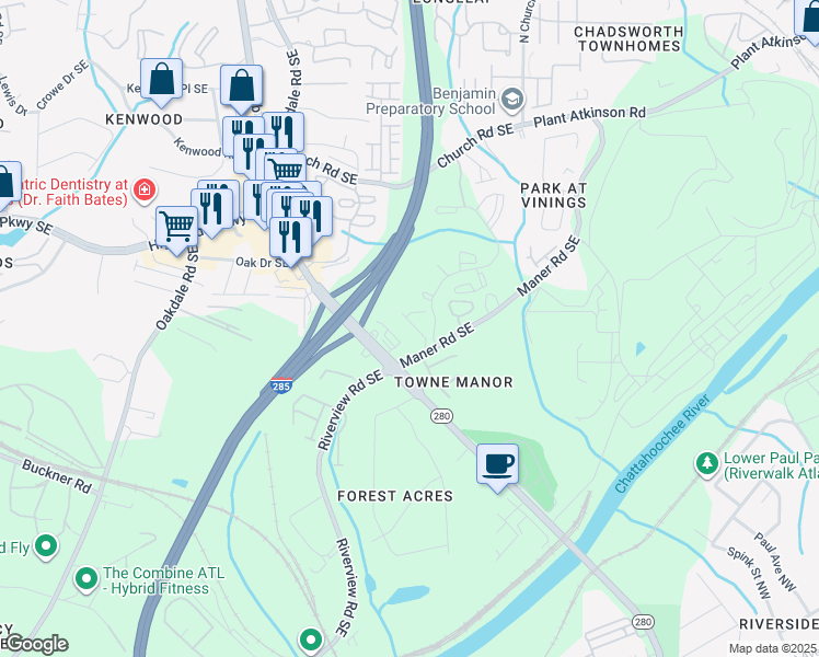 map of restaurants, bars, coffee shops, grocery stores, and more near 5254 Kershaw Court Southeast in Atlanta