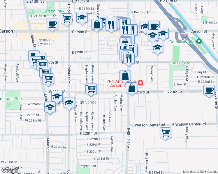 map of restaurants, bars, coffee shops, grocery stores, and more near 22206 Judith Place in Carson