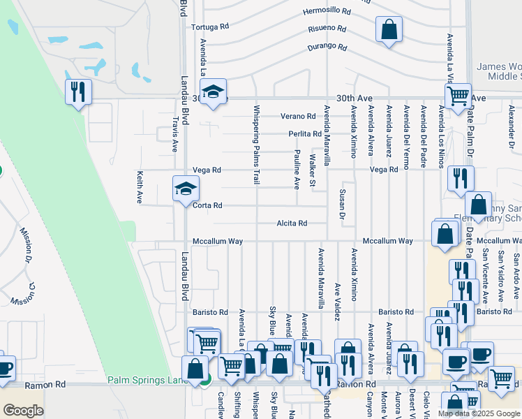 map of restaurants, bars, coffee shops, grocery stores, and more near 68255 Corta Road in Cathedral City