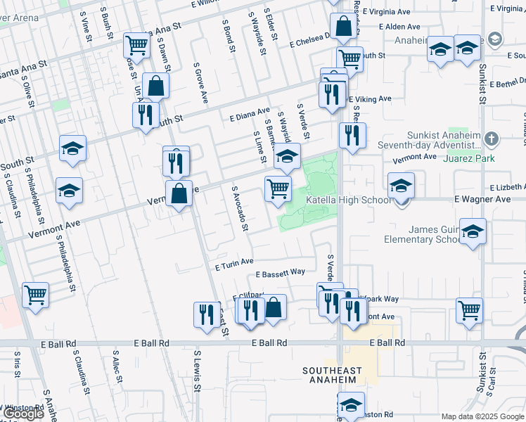 map of restaurants, bars, coffee shops, grocery stores, and more near 931 South McCloud Street in Anaheim