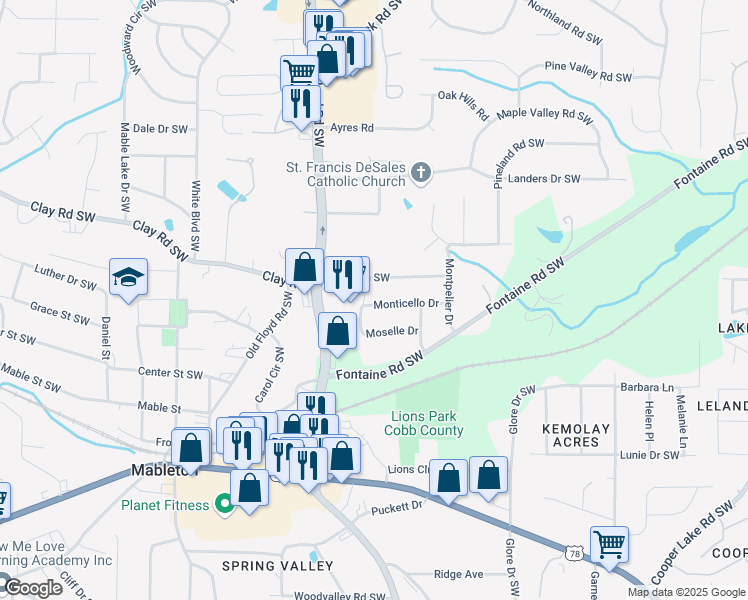 map of restaurants, bars, coffee shops, grocery stores, and more near 660 Monticello Drive in Mableton