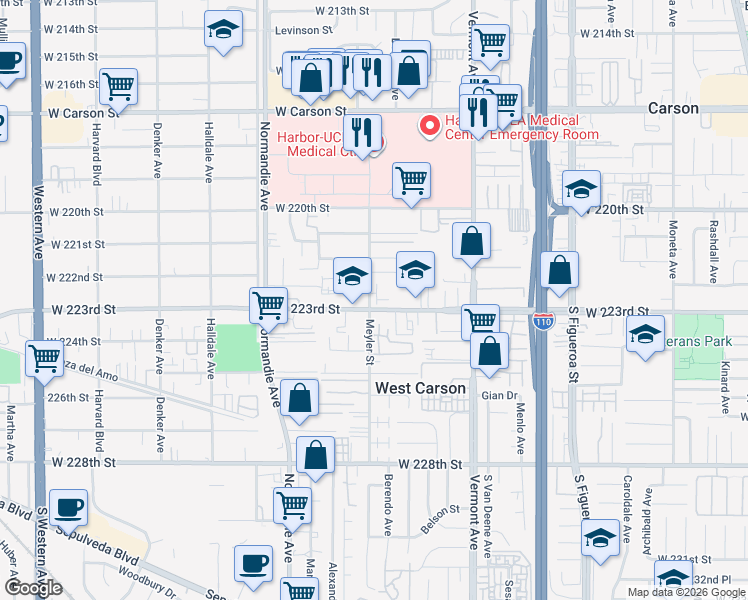 map of restaurants, bars, coffee shops, grocery stores, and more near 22244 Meyler Street in Torrance