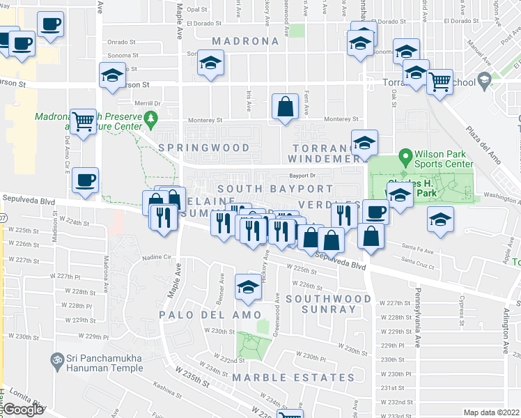 map of restaurants, bars, coffee shops, grocery stores, and more near 2800 Plaza del Amo in Torrance