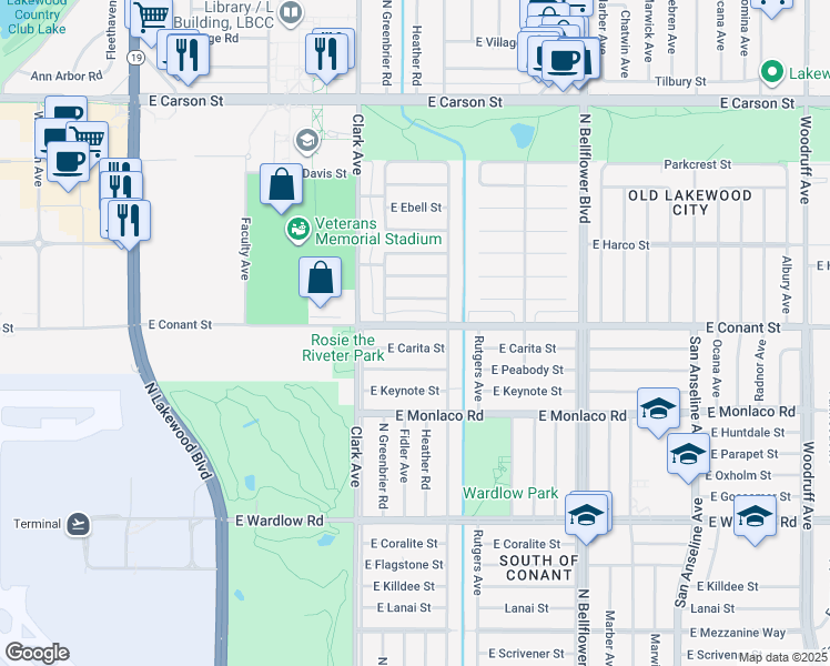 map of restaurants, bars, coffee shops, grocery stores, and more near 5202 East Conant Street in Long Beach