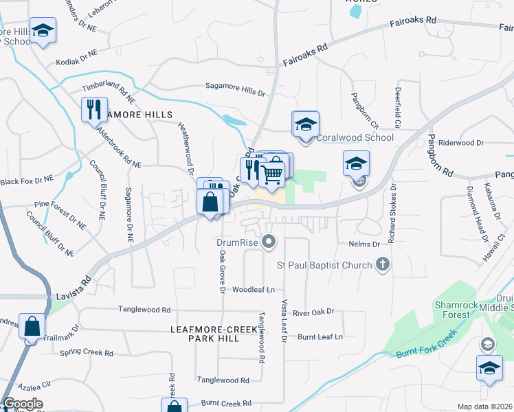 map of restaurants, bars, coffee shops, grocery stores, and more near 2470 Oak Grove Vista in Decatur