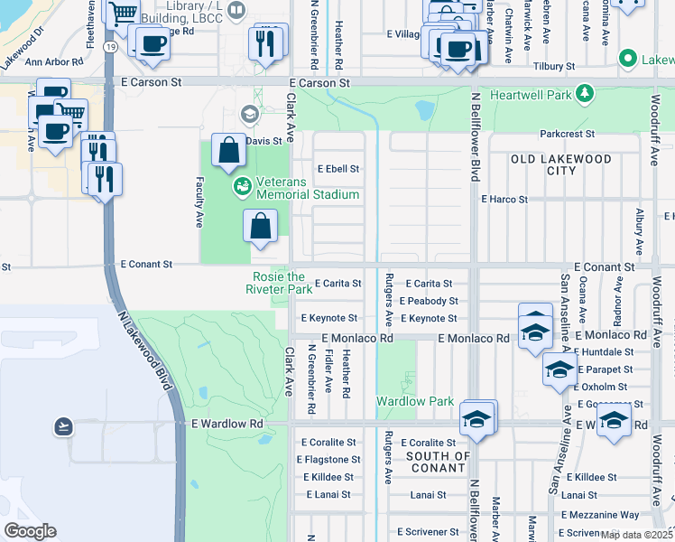 map of restaurants, bars, coffee shops, grocery stores, and more near 5202 East Conant Street in Long Beach