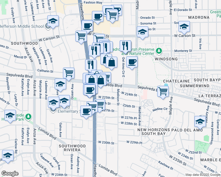 map of restaurants, bars, coffee shops, grocery stores, and more near 22313 Ward Street in Torrance
