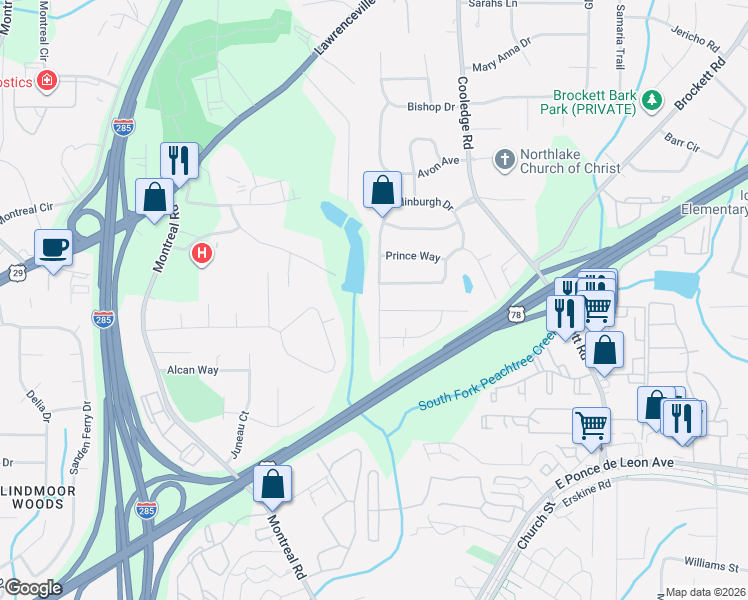 map of restaurants, bars, coffee shops, grocery stores, and more near 1486 Edinburgh Drive in Tucker