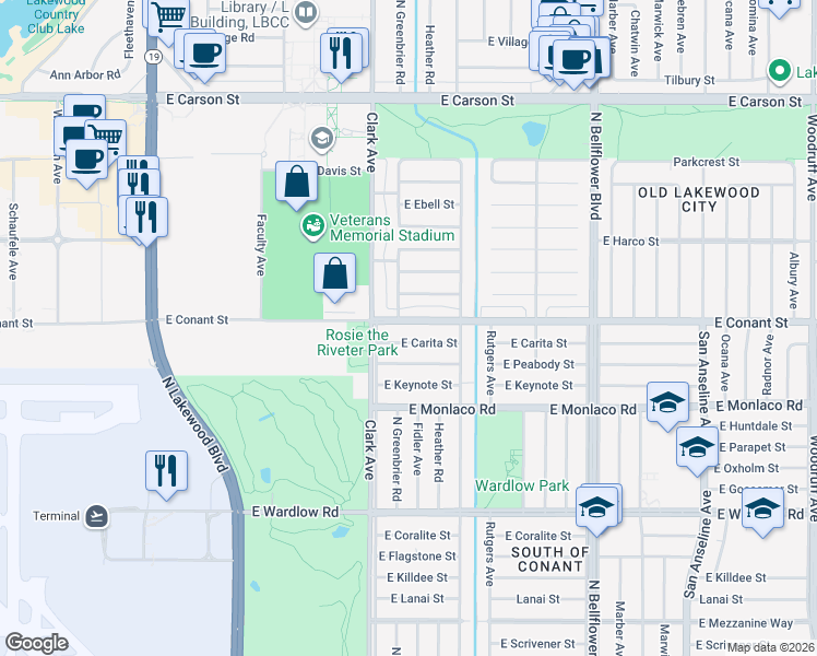 map of restaurants, bars, coffee shops, grocery stores, and more near 5138 East Conant Street in Long Beach