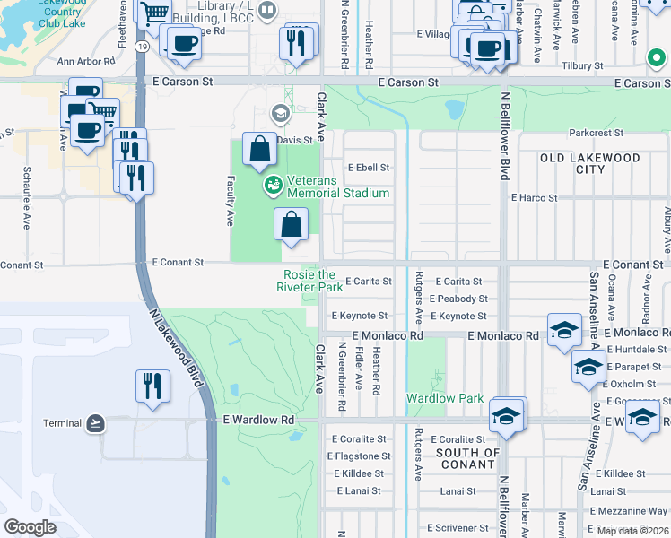 map of restaurants, bars, coffee shops, grocery stores, and more near 5138 East Conant Street in Long Beach
