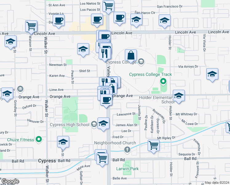 map of restaurants, bars, coffee shops, grocery stores, and more near 6029 Orange Avenue in Cypress