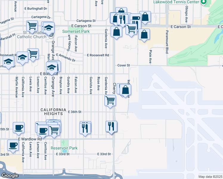 map of restaurants, bars, coffee shops, grocery stores, and more near 3717 Cherry Avenue in Long Beach