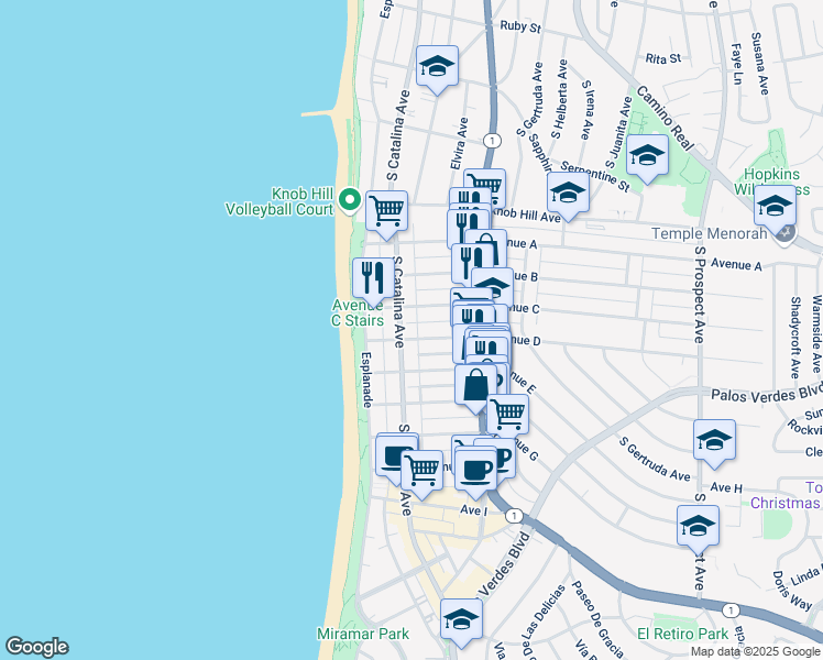 map of restaurants, bars, coffee shops, grocery stores, and more near 211 Avenue D in Redondo Beach