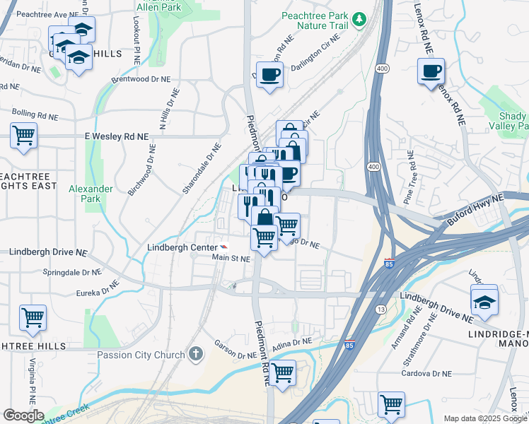 map of restaurants, bars, coffee shops, grocery stores, and more near 2591 Piedmont Road Northeast in Atlanta