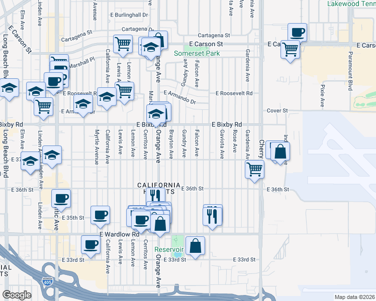 map of restaurants, bars, coffee shops, grocery stores, and more near 3718 Gundry Avenue in Long Beach