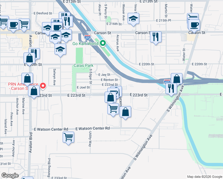 map of restaurants, bars, coffee shops, grocery stores, and more near 1179 East Joel Street in Carson