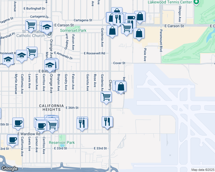 map of restaurants, bars, coffee shops, grocery stores, and more near 3717 Cherry Avenue in Long Beach