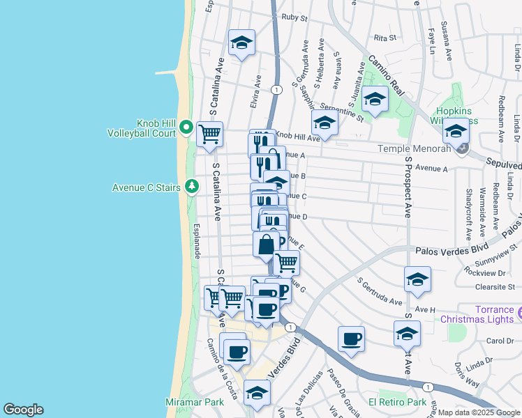 map of restaurants, bars, coffee shops, grocery stores, and more near 231 Avenue D in Redondo Beach